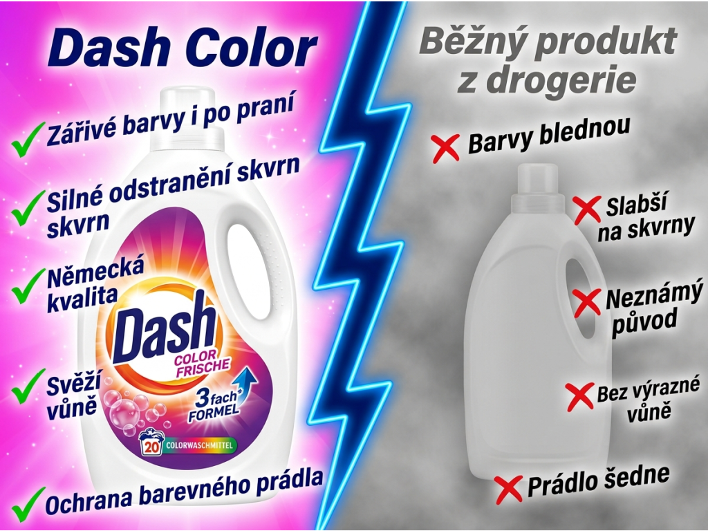 Dash Color prací gel na barevné prádlo 1,1 l 20 praní - srovnání s běžným pracím gelem