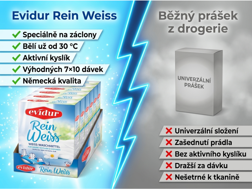 Srovnání Evidur Rein Weiss s běžným pracím práškem