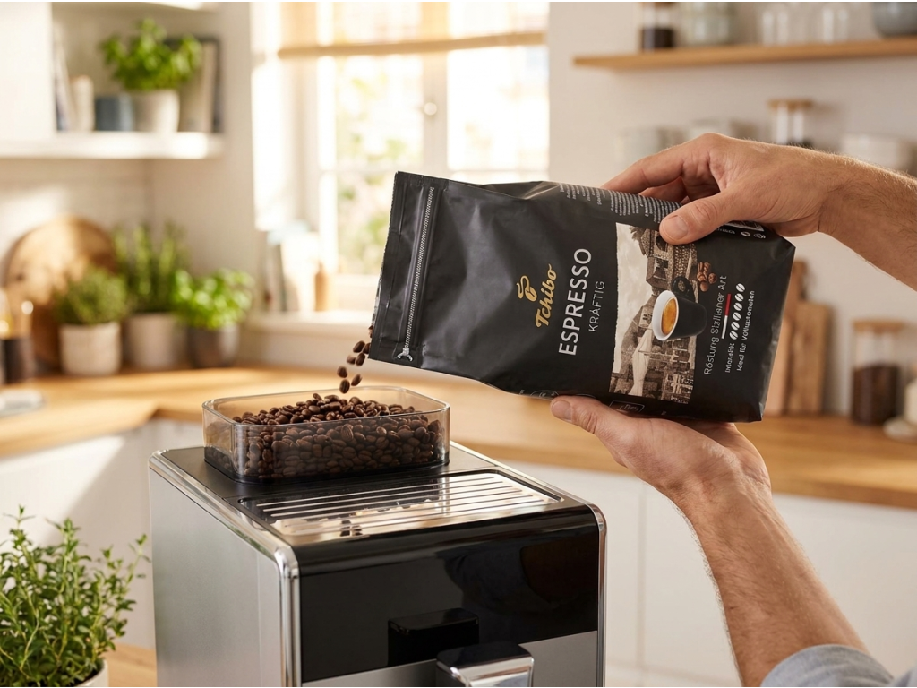 Tchibo Caffe Espresso Kräftig zrnková káva 1 kg - příprava v automatickém kávovaru