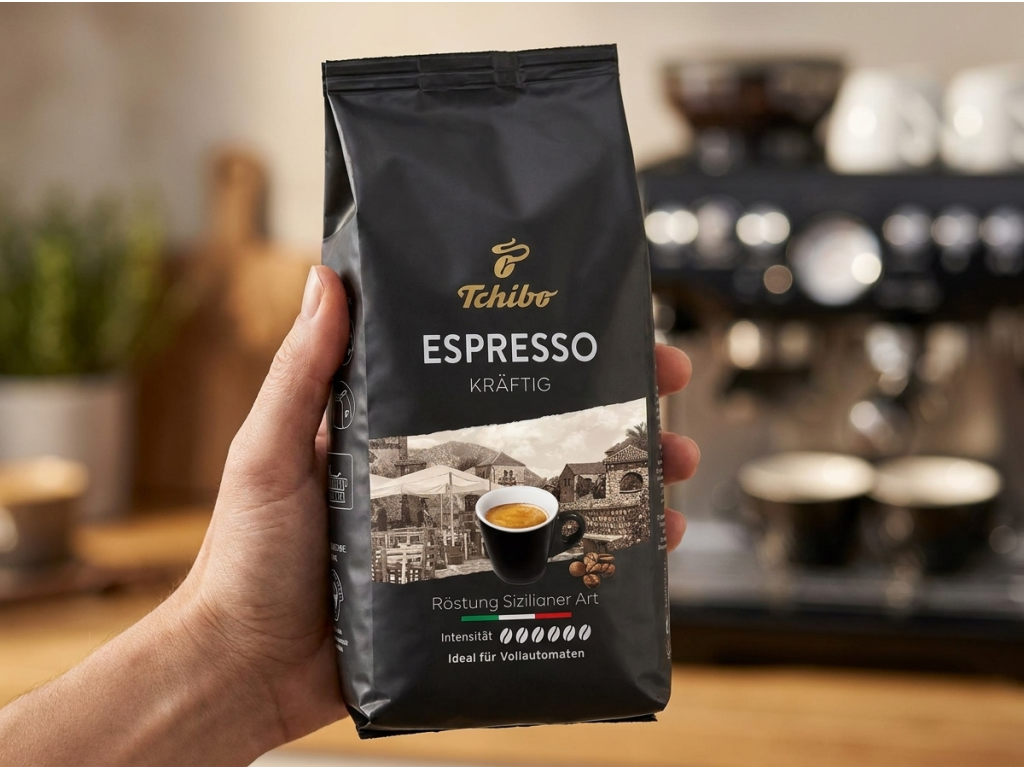 Tchibo Caffe Espresso Kräftig zrnková káva 1 kg - v ruce