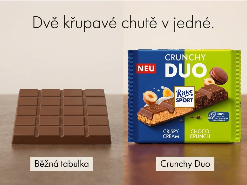 Srovnání Ritter Sport Crunchy Duo s běžnou čokoládou