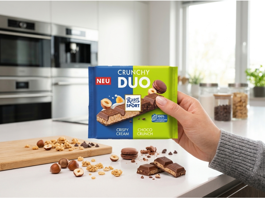 Ritter Sport Crunchy Duo tabulka v ruce