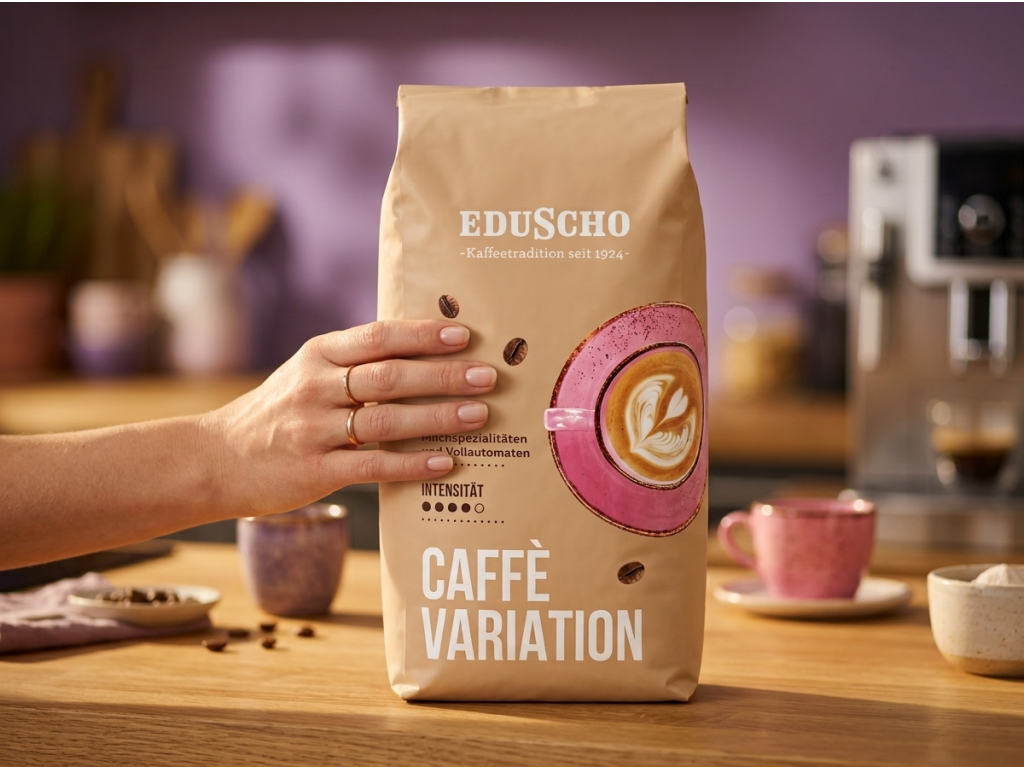 Eduscho Caffé Crema Variation zrnková káva 1 kg - detail balení v ruce