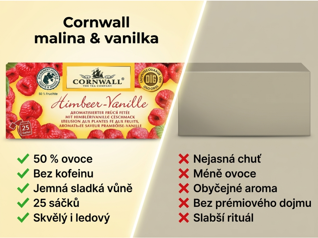 Cornwall Ovocný čaj s malinami a vanilkou - srovnání s běžným čajem