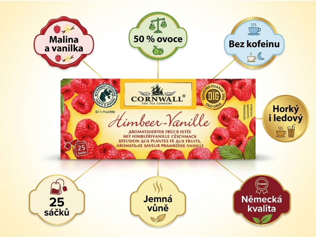 Cornwall Ovocný čaj s malinami a vanilkou - infografika výhod