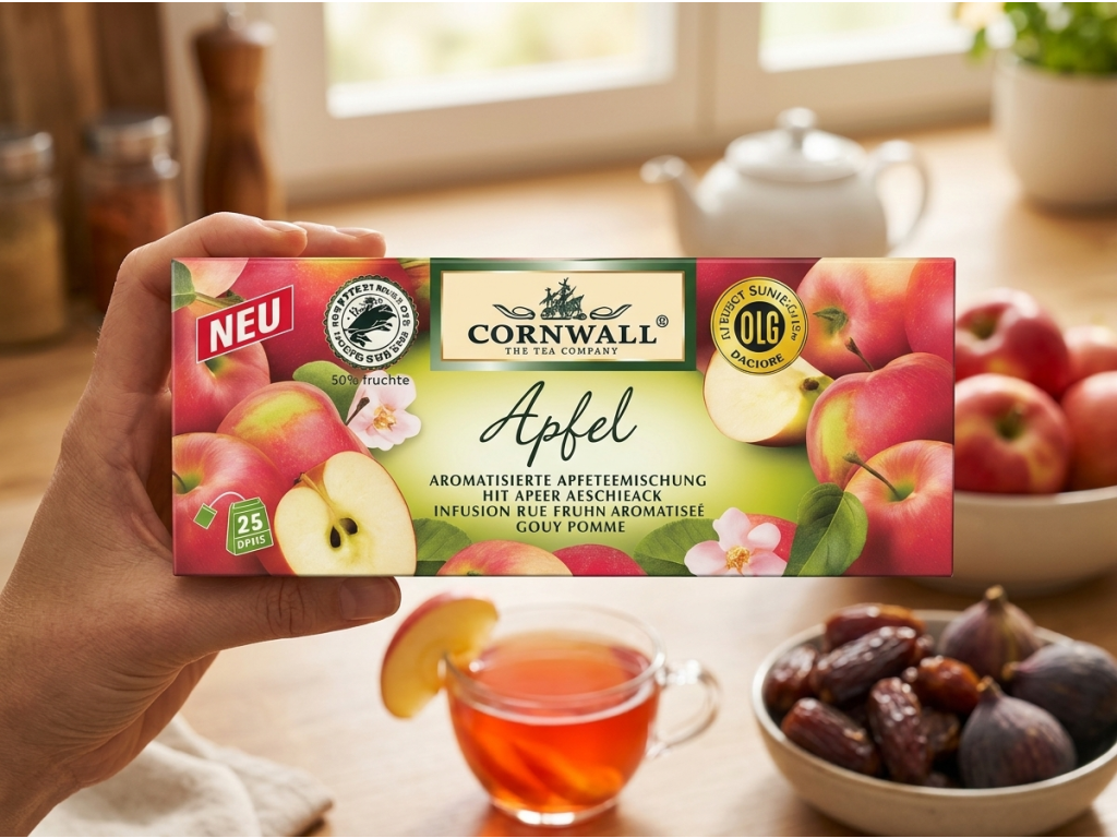 Cornwall ovocný čaj s jablkem držený v ruce