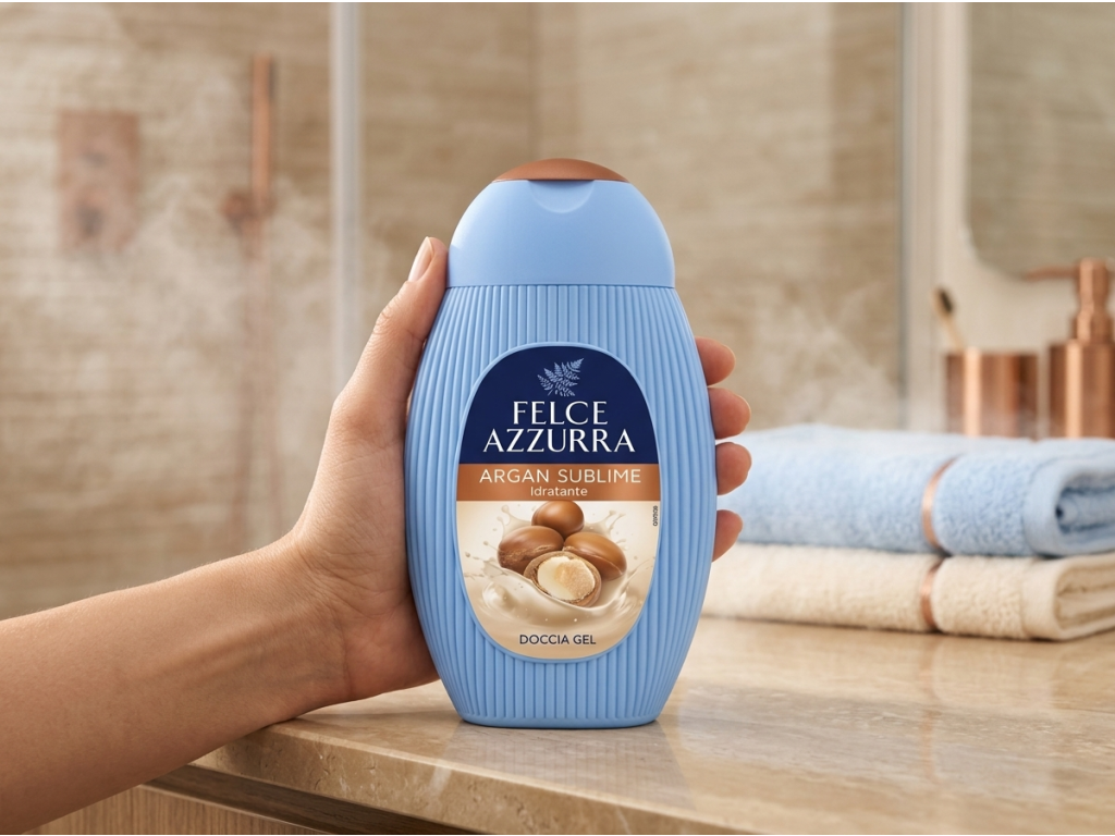 Felce Azzurra Sprchový gel Argan Sublime 250 ml držený v ruce