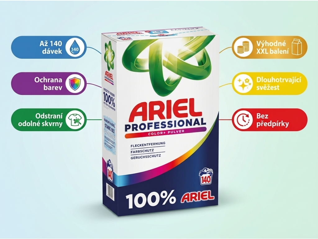 Ariel Professional prací prášek na barevné prádlo - přehled výhod