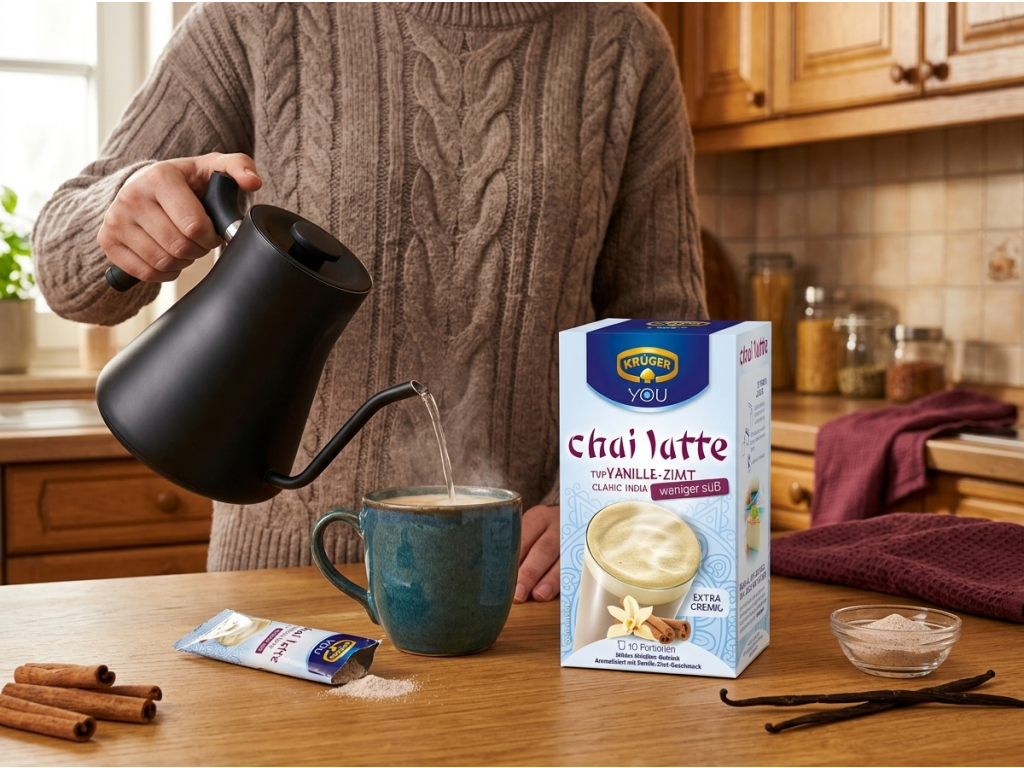 Krüger YOU chai latte vanilka a skořice s malým obsahem cukru - příprava nápoje