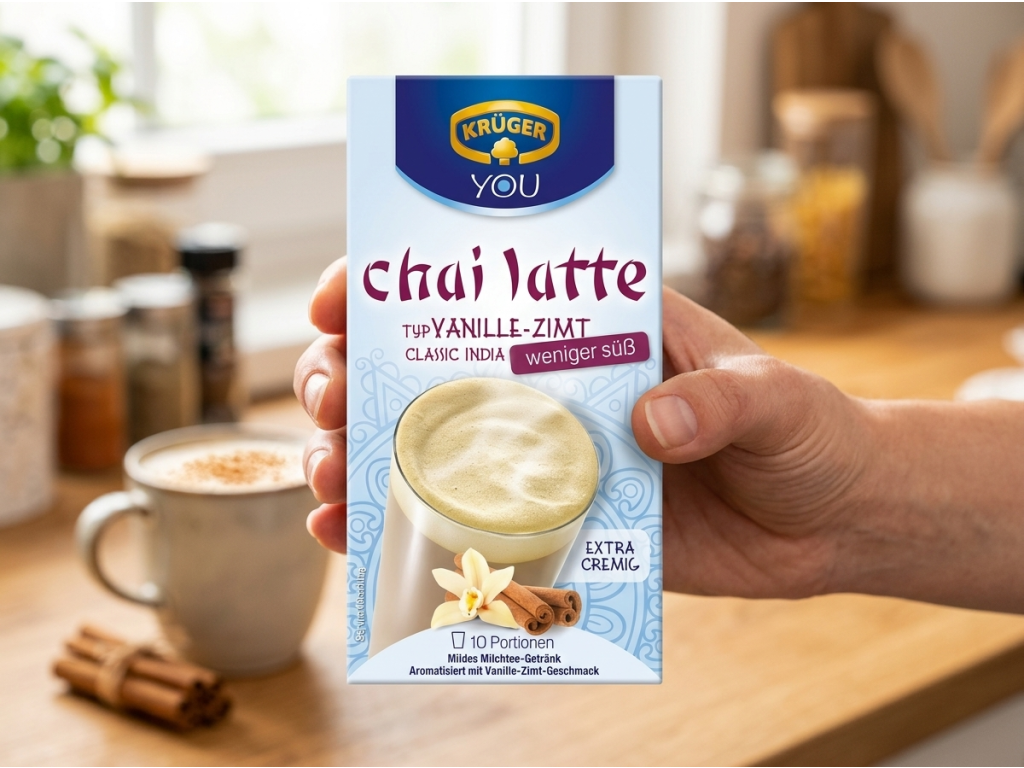 Krüger YOU chai latte vanilka a skořice s malým obsahem cukru držený v ruce