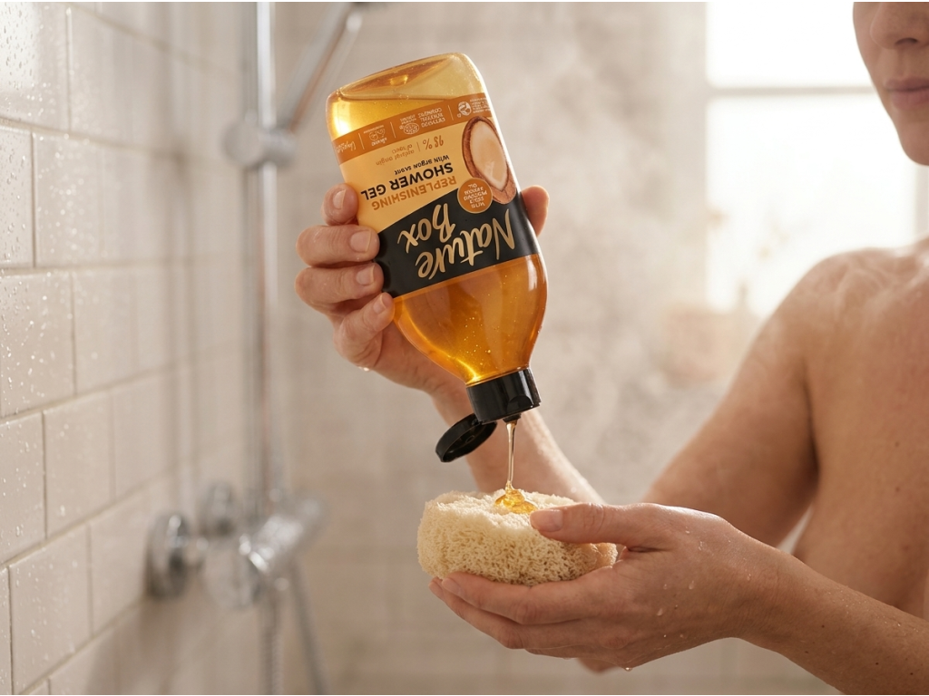 Nature Box sprchový gel Argan při použití ve sprše