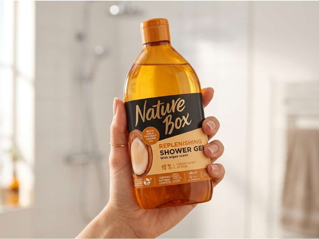 Nature Box sprchový gel Argan v ruce