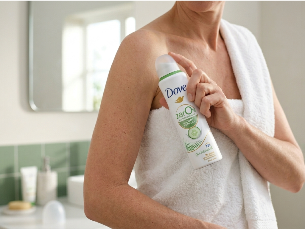 Dove deodorant ve spreji se zinkovým komplexem a vůní okurky 150 ml - použití po sprše