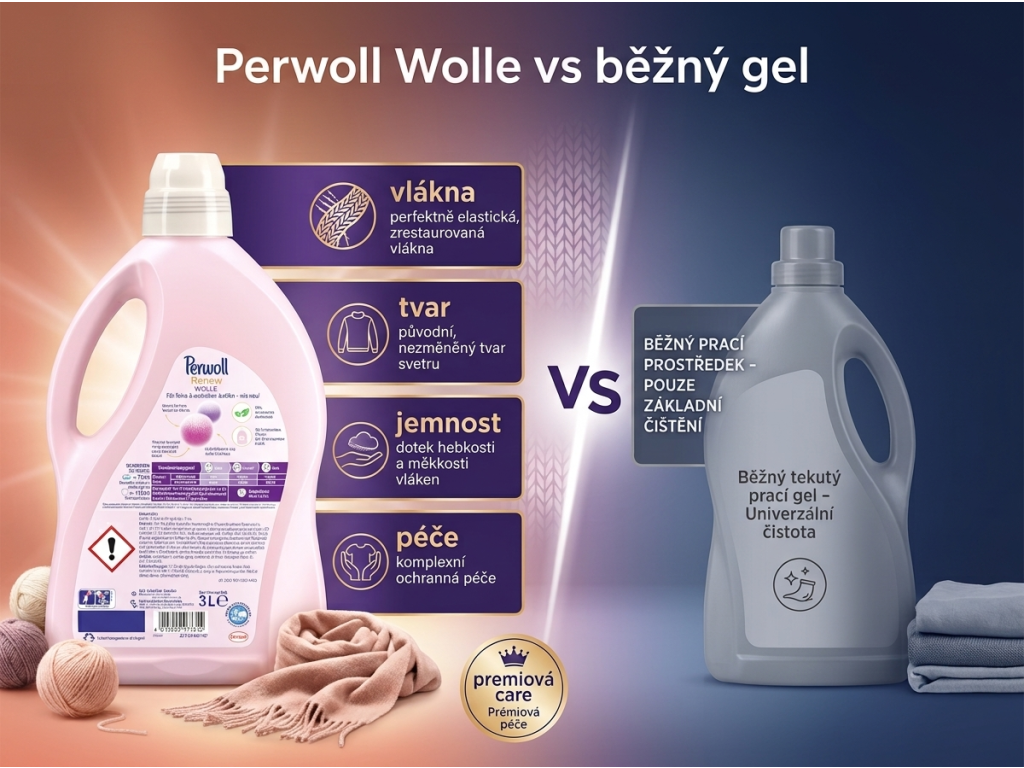 Srovnání Perwoll Wolle & Renew s běžným pracím gelem