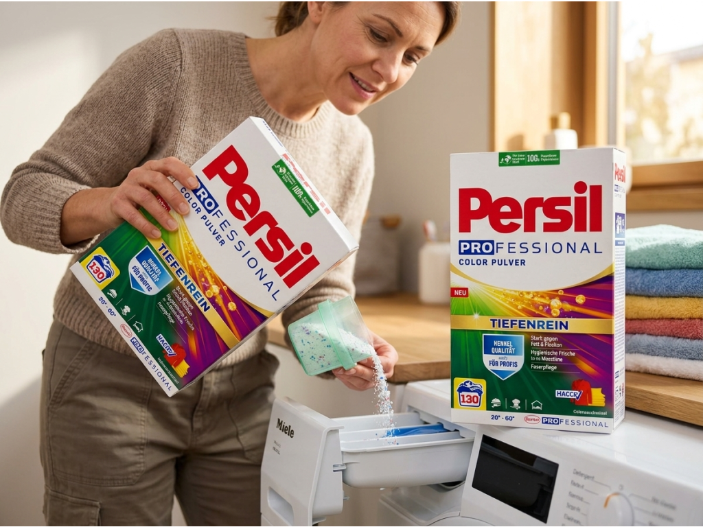 Žena dávkuje Persil Professional Color do pračky