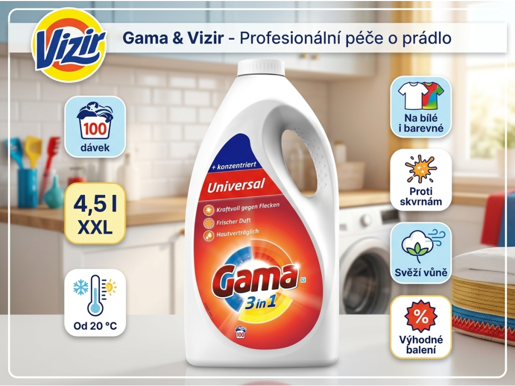 Vizir Gama XXL Univerzální prací gel 4,5 l - infografika