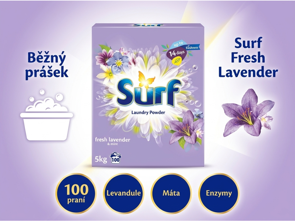 Srovnání pracího prášku Surf Fresh Lavender