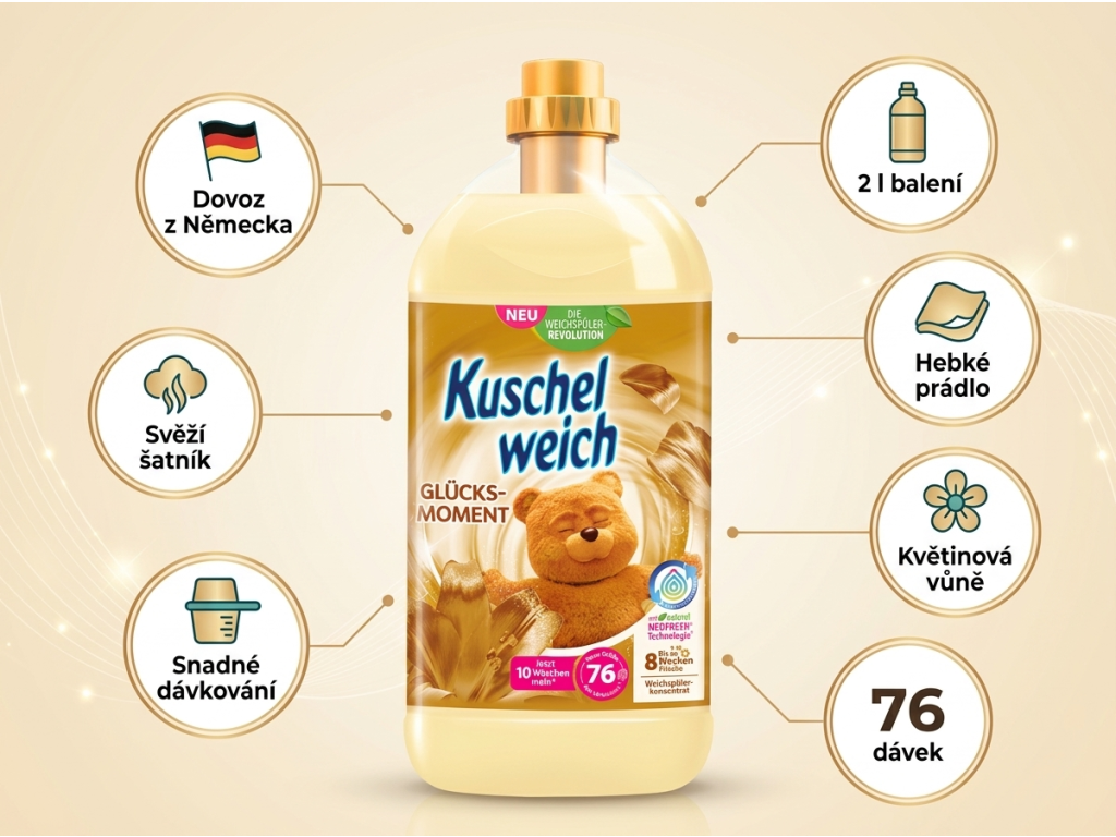 Kuschelweich aviváž Momenty štěstí 76 dávek 2 l - infografika výhod