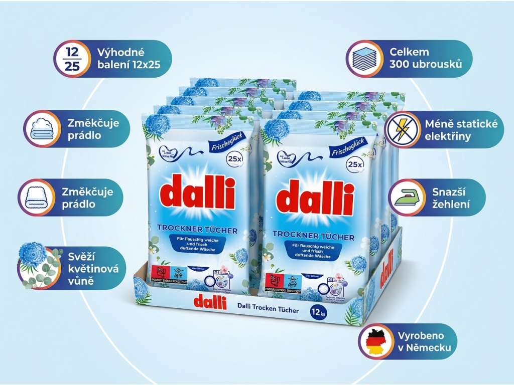 Dalli ubrousky do sušičky - infografika výhod 12x25 ks