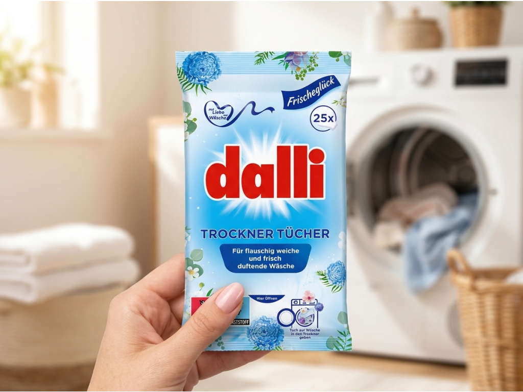 Ruka drží Dalli ubrousek do sušičky