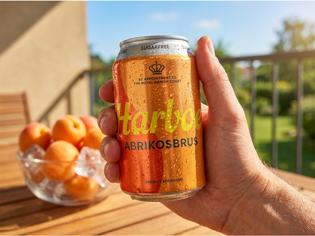 Plechovka Harboe meruňkové limonády v ruce