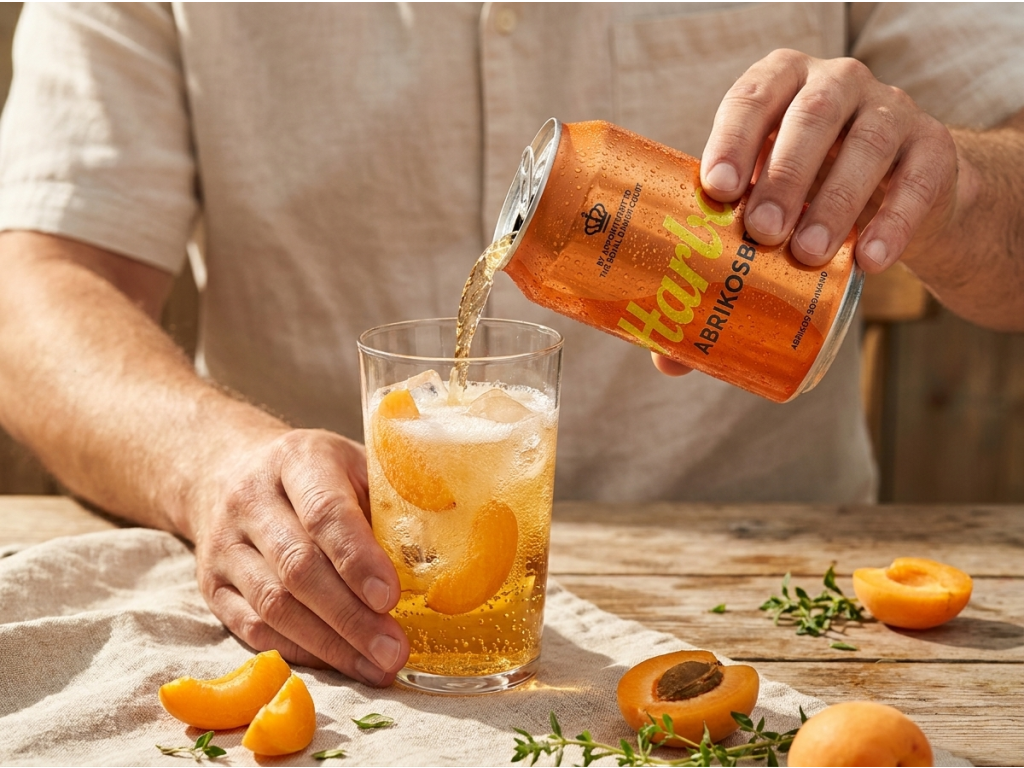 Servírování Harboe meruňkové limonády