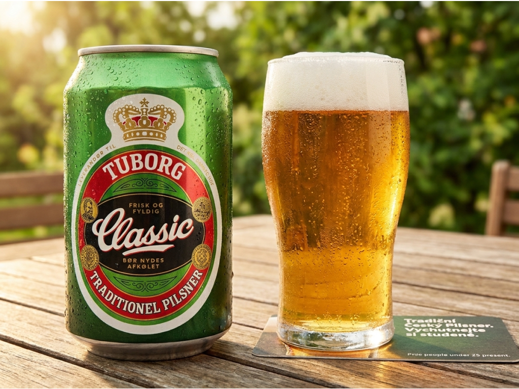 Tuborg Classic na terase se sklenicí piva