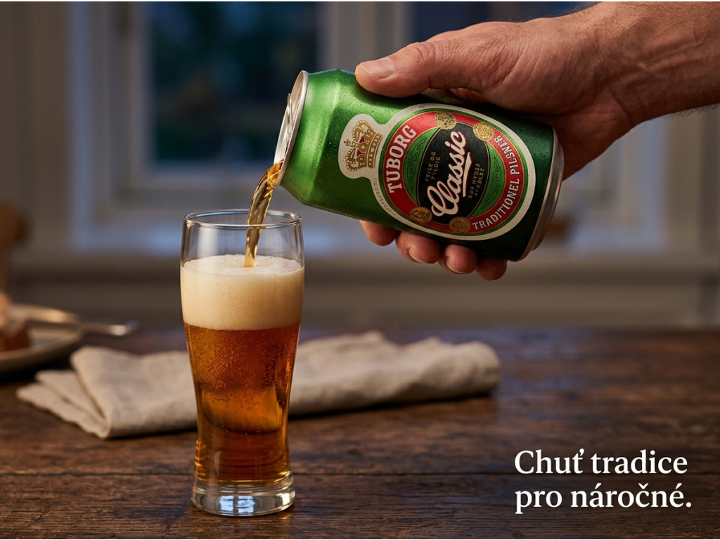 Nalévání piva Tuborg Classic do sklenice