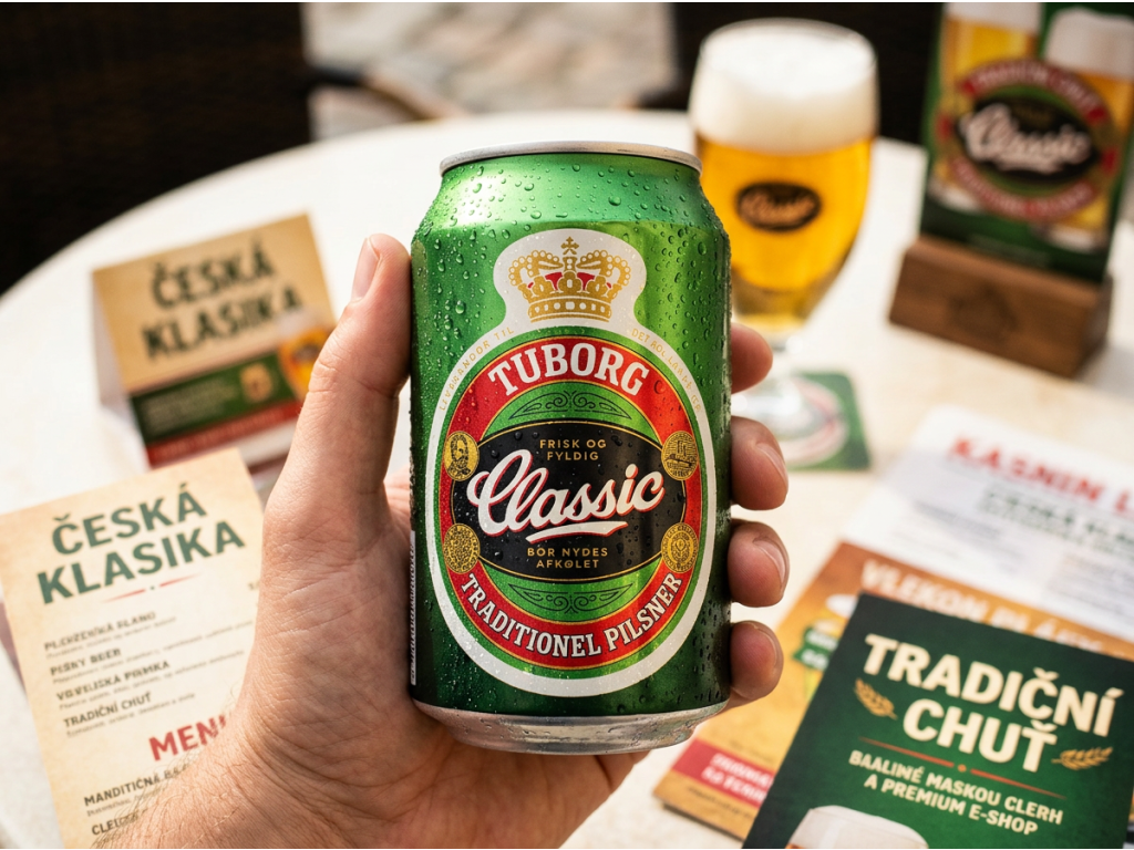 Plechovka Tuborg Classic držená v ruce