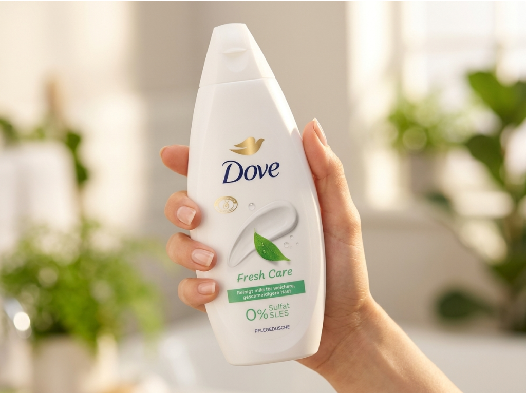 Dove Fresh Care sprchový gel v ruce