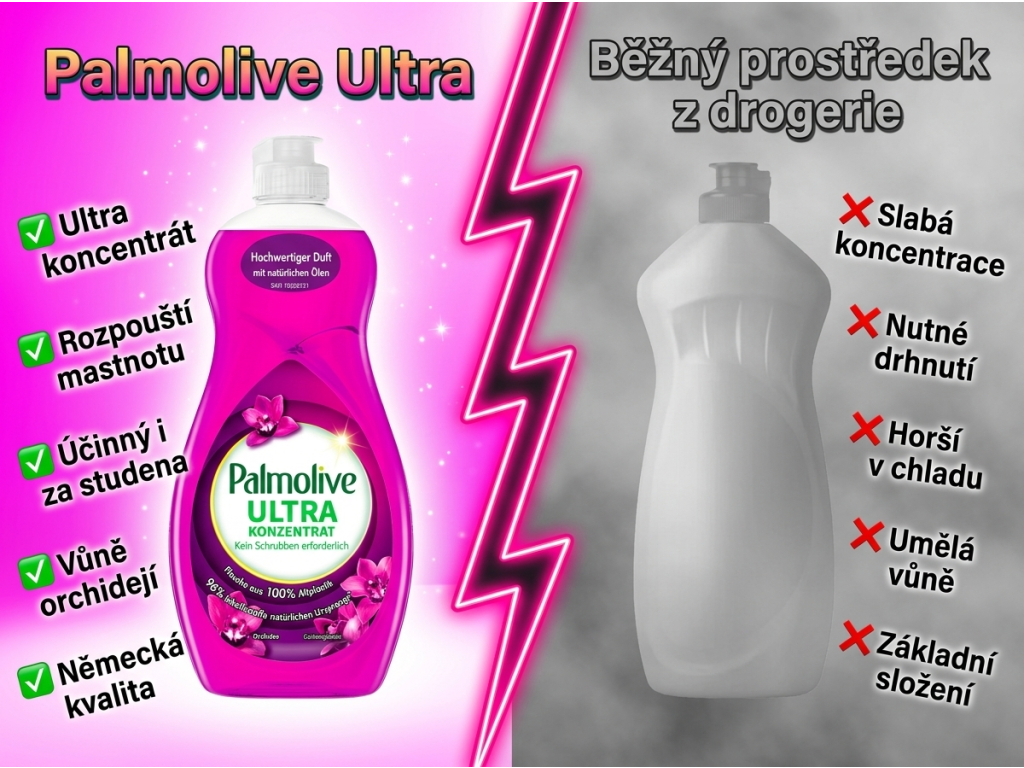 Palmolive Ultra koncentrát na nádobí - srovnání s běžným prostředkem