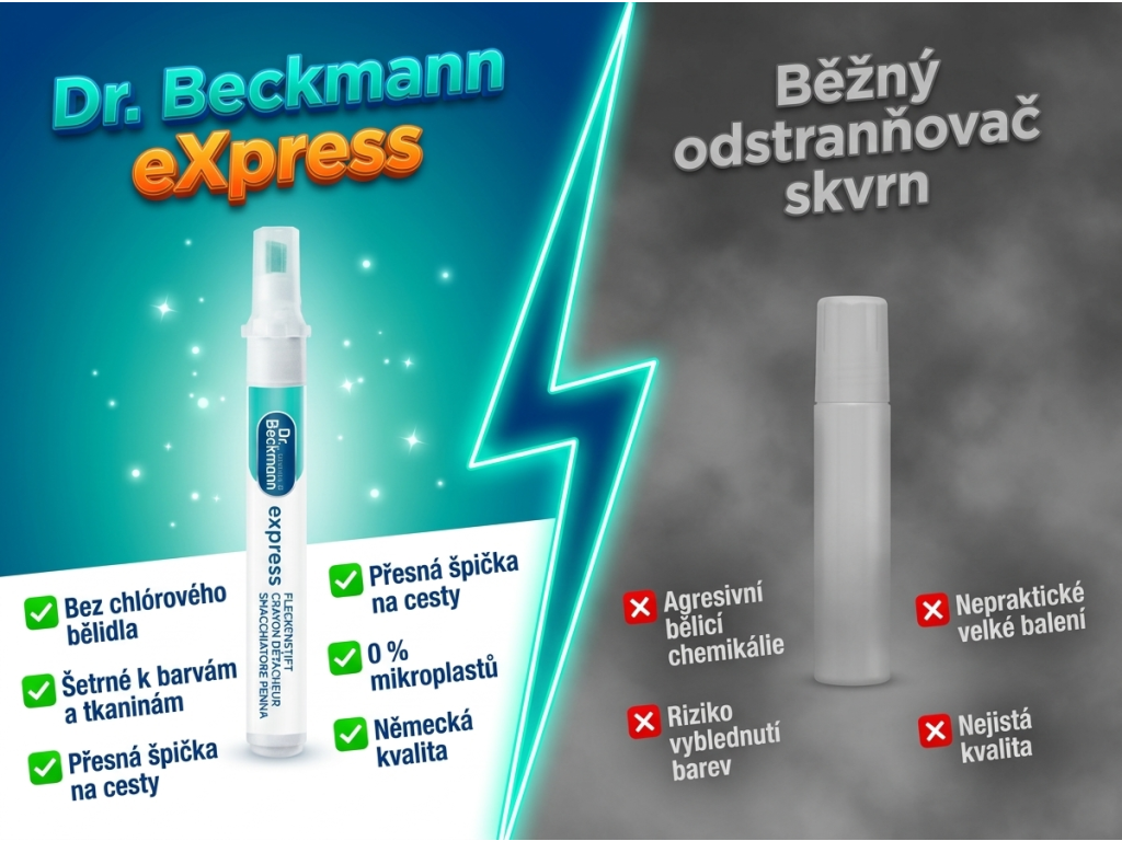 Dr. Beckmann eXpress čisticí tužka na skvrny - srovnání s běžným odstraňovačem