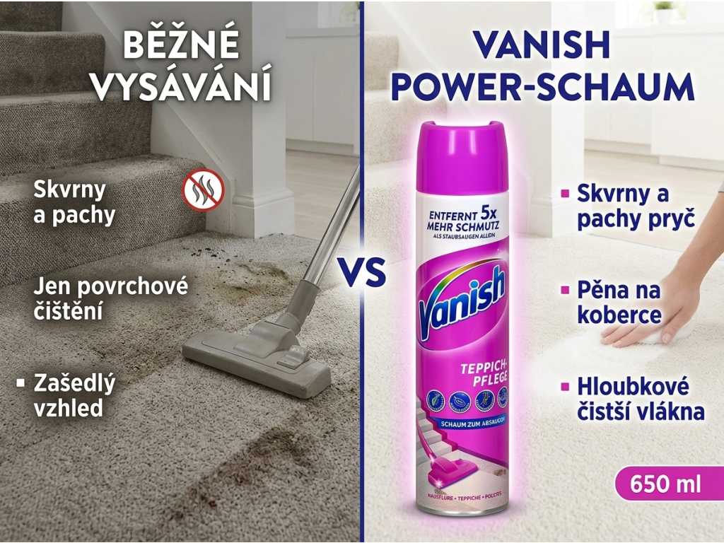 Srovnání čištění koberce s Vanish Power-Schaum