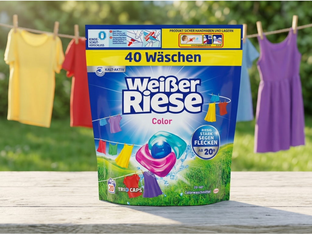 Weisser Riese Color kapsle na barevné prádlo v prostředí svěžího prádla