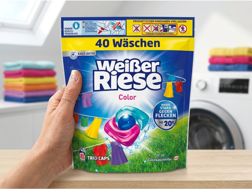 Balení Weisser Riese Color tříkomorových pracích kapslí v ruce