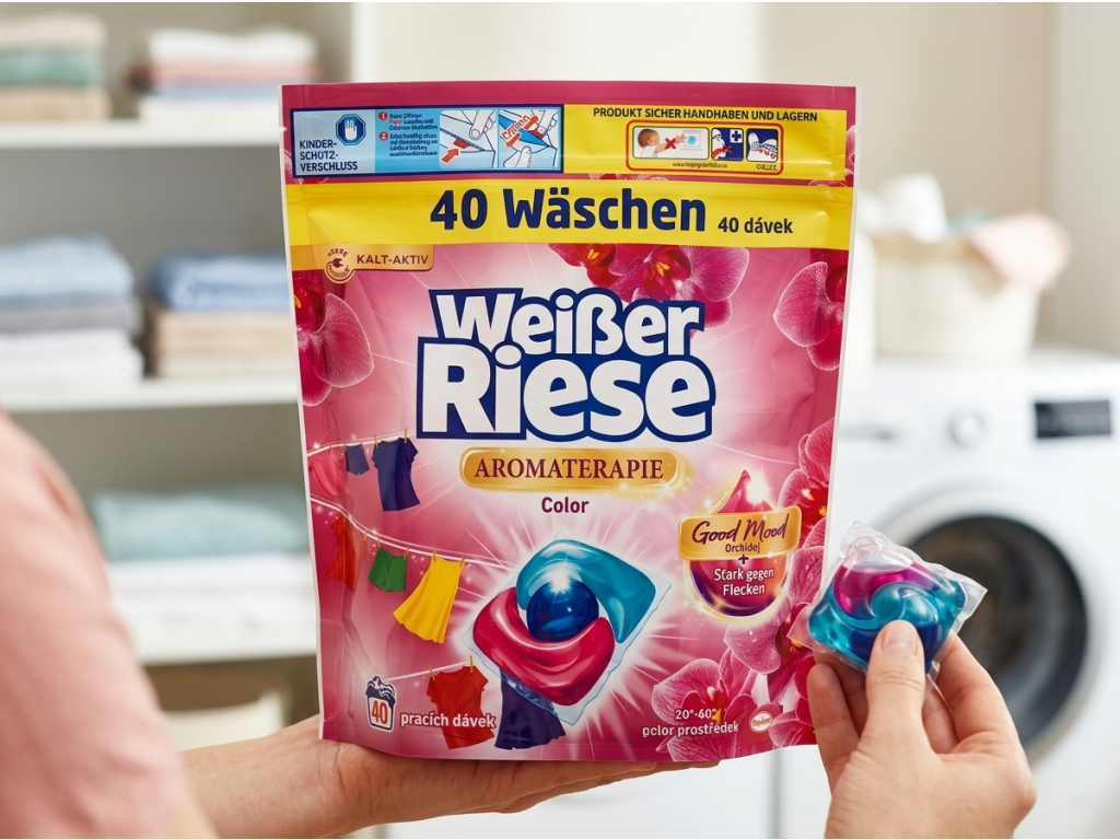 Weisser Riese Color Trio-Caps balení a kapsle v ruce