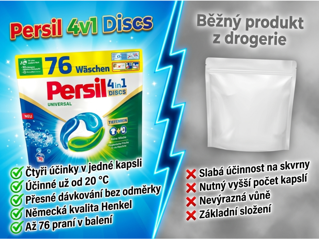 Persil Universal 4v1 prací kapsle vs. běžný produkt