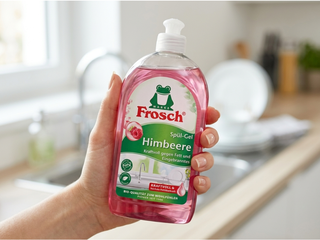 Frosch malinový gel na nádobí držený v ruce