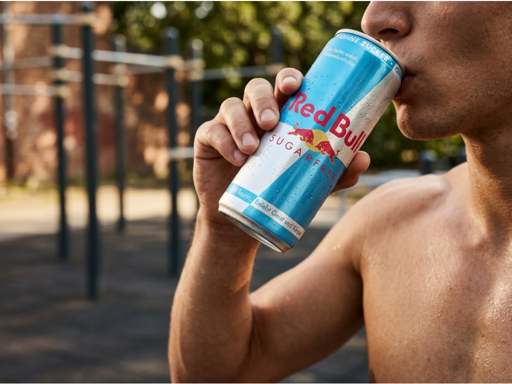 Mladý sportovec pije Red Bull Sugarfree 250 ml