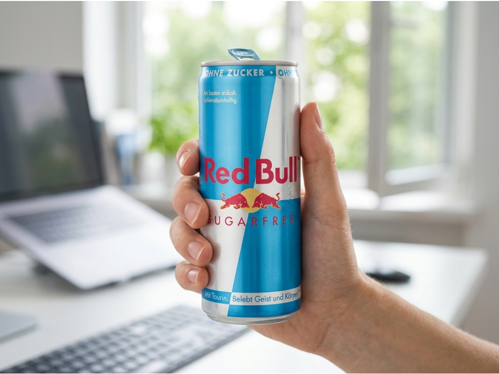 Red Bull Sugarfree 250 ml v ruce u pracovního stolu