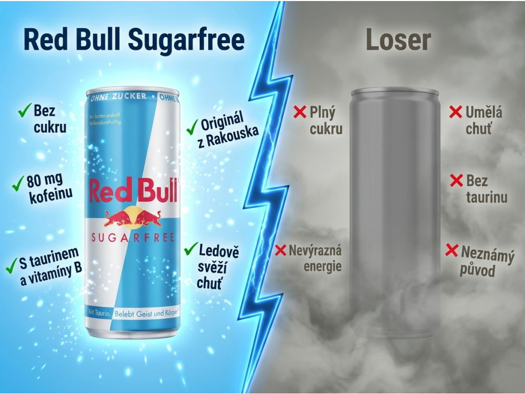 Srovnání Red Bull Sugarfree 250 ml s běžným energetickým nápojem