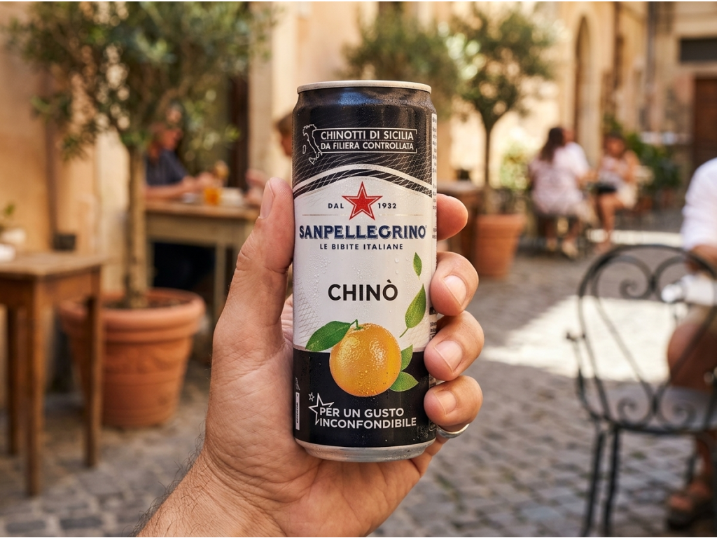 Sanpellegrino Chinotto Chinò 330ml - plechovka v ruce