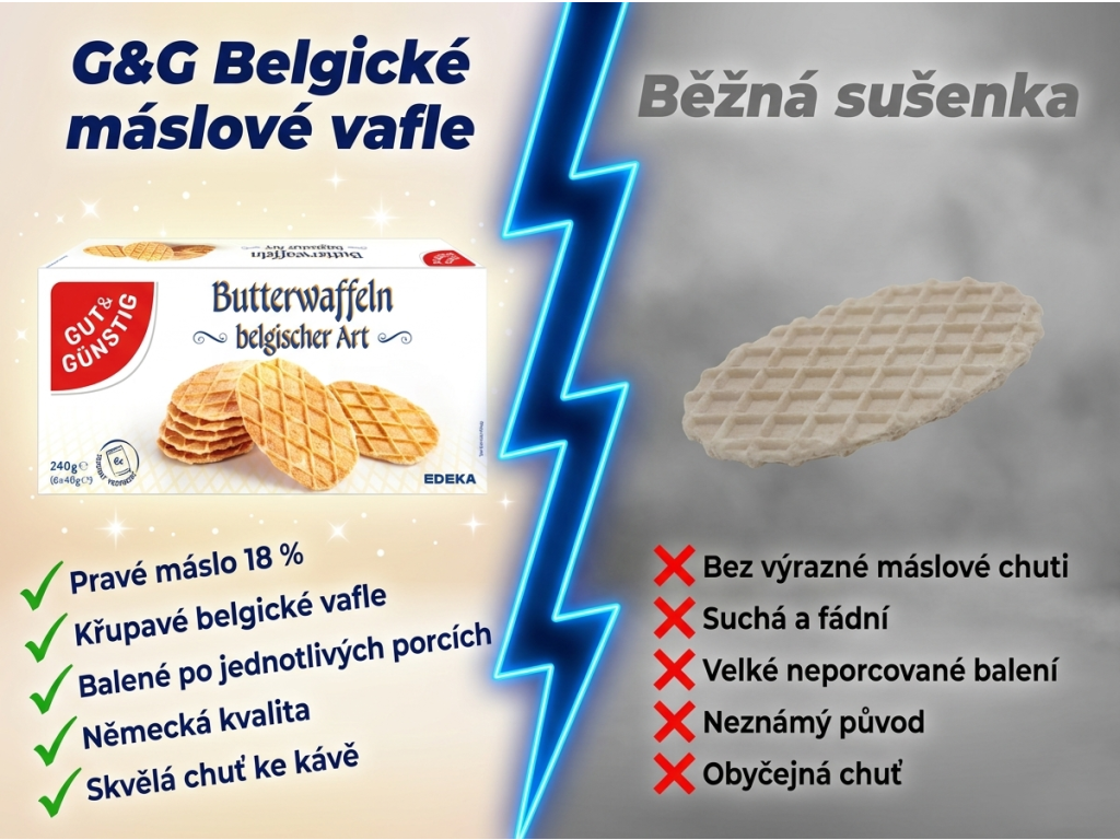 Srovnání G&G Belgických máslových vaflí s běžnou sušenkou