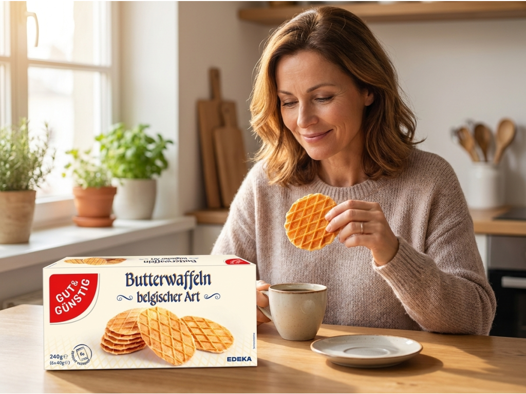 Žena si vychutnává G&G Belgické máslové vafle u kávy