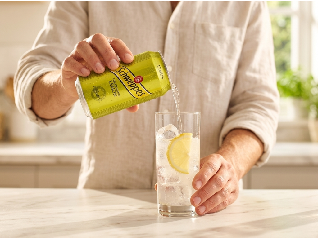 Nalévání Schweppes The Original Lemon do sklenice s ledem