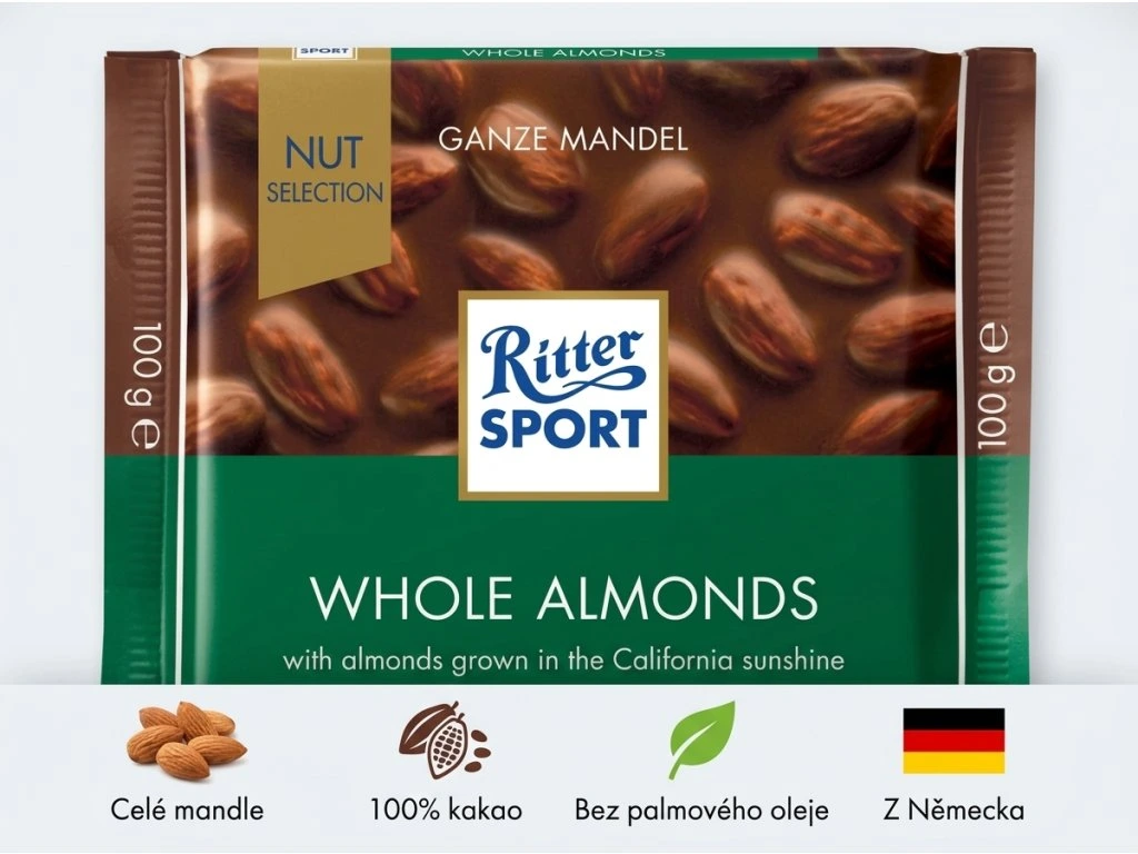 Ritter Sport NUSSKLASSE infografika - klíčové vlastnosti čokolády s mandlemi