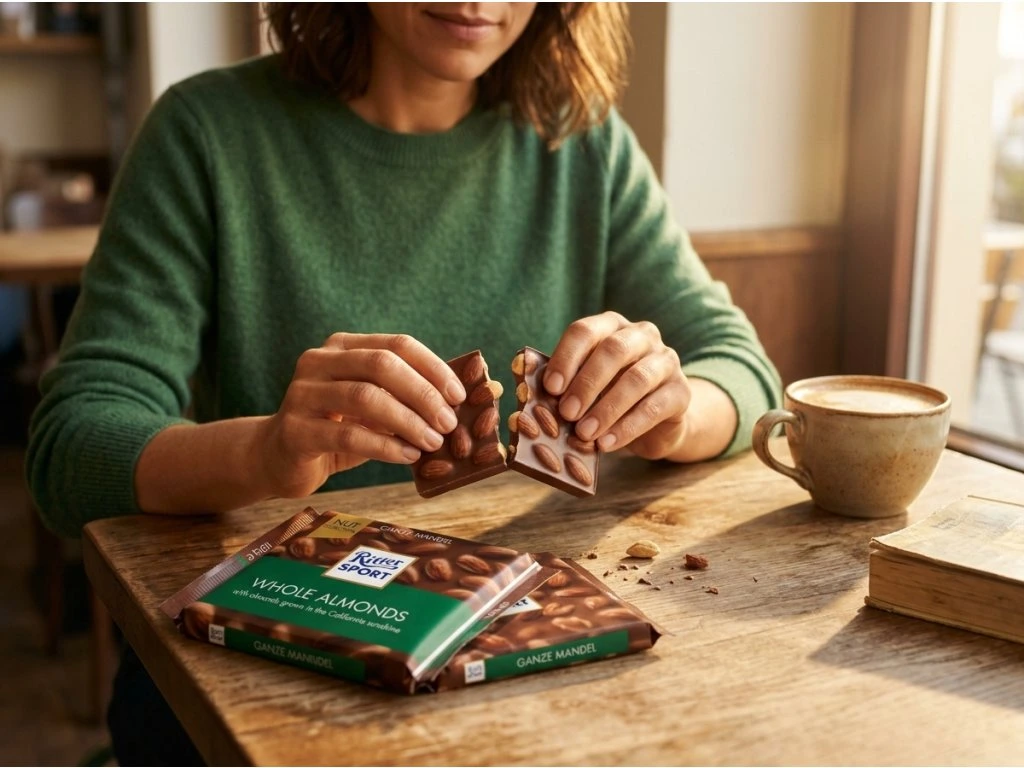 Žena si vychutnává Ritter Sport čokoládu s mandlemi u kávy