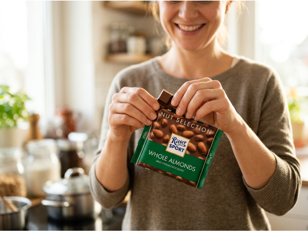 Ritter Sport Nussklasse - žena si vychutnává čokoládu