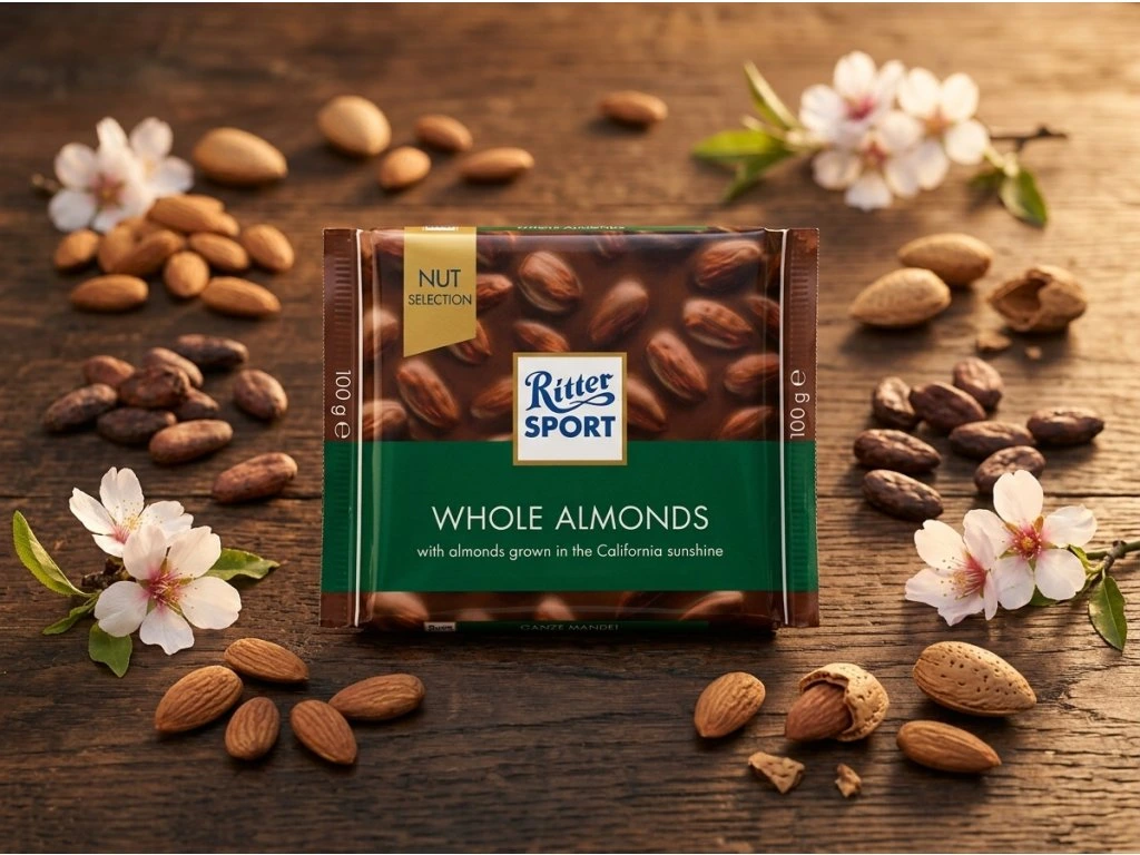 Ritter Sport NUSSKLASSE čokoláda s mandlemi v přirozeném prostředí