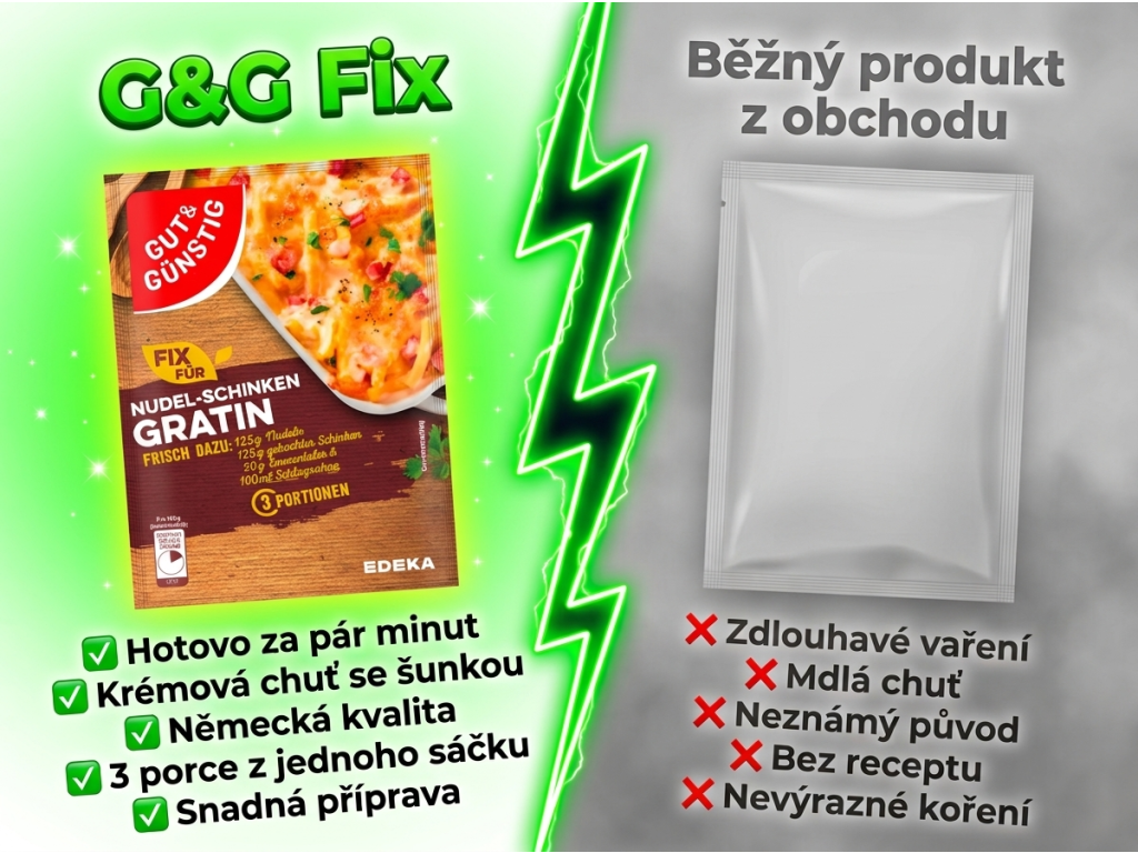 Srovnání G&G Fix pro zapékané těstoviny se šunkou s běžným produktem